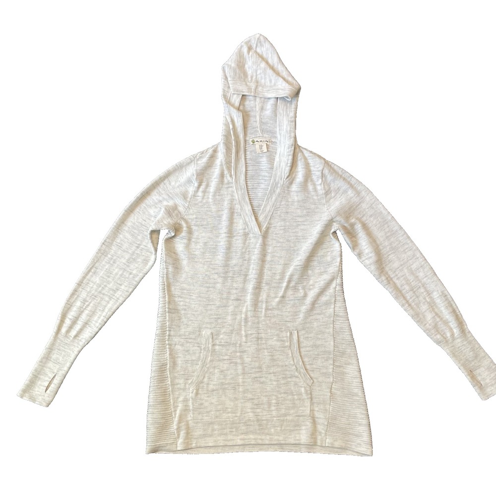 Akini Womens Hooded Long Sleeve Ivory Grey Accents Sweater‎ with Pockets, M
